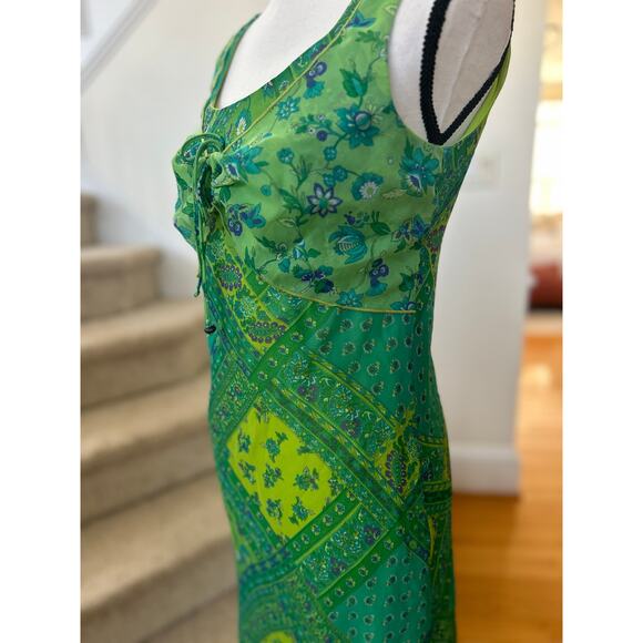 Vintage Y2K Sangria Green Block Print Floral Sleeveless Slip Dress Fairy Goddess - Picture 4 of 8